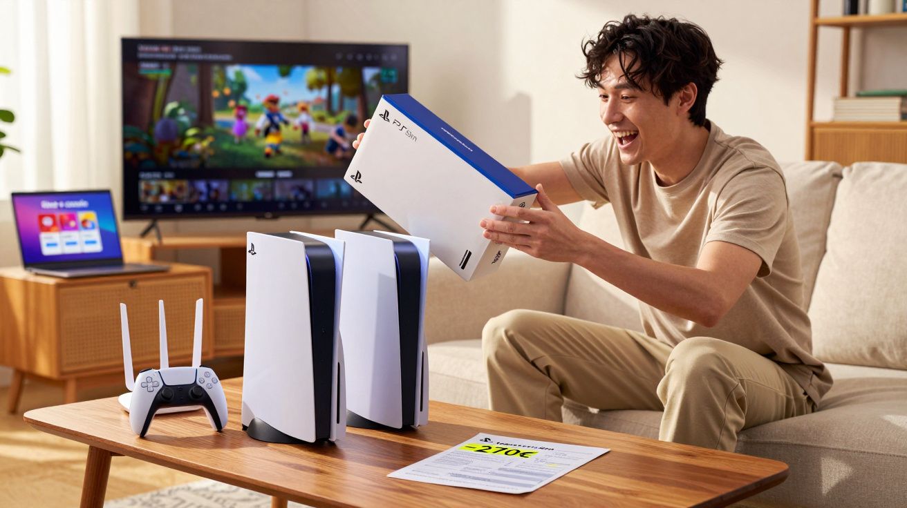 Homem sorridente com embalagem do videogame PS5 e dois consoles sobre mesa de madeira na sala.