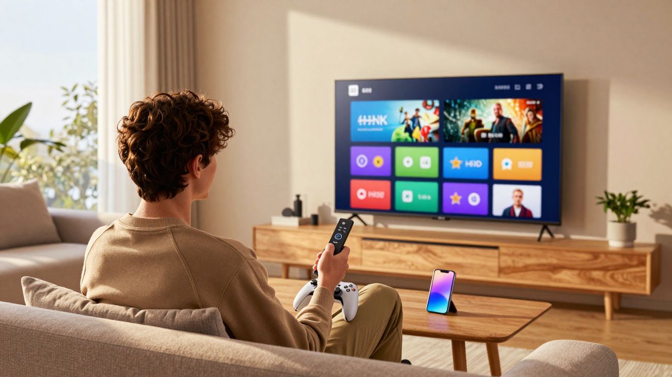 Jovem sentado no sofá controlando televisão smart com controle remoto e celular na mesa à frente.