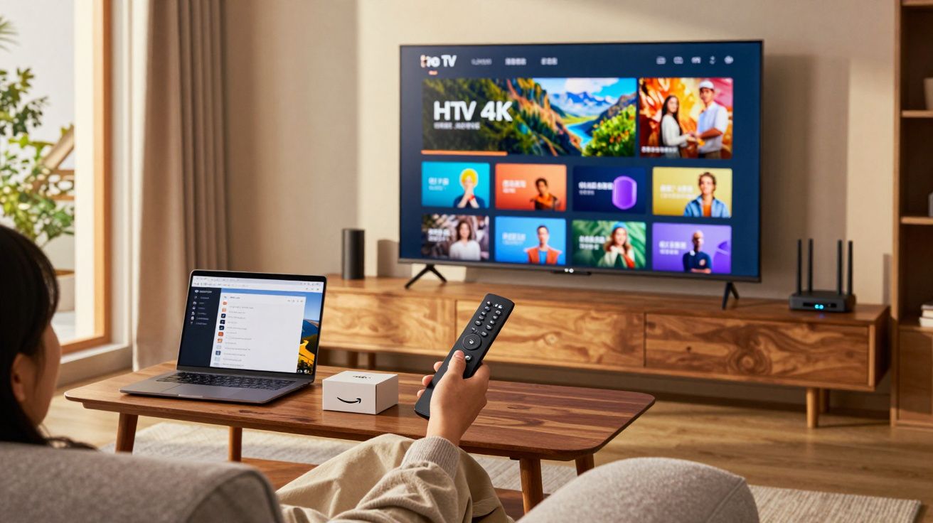 Pessoa sentada segurando controle remoto, com notebook e TV 4K exibindo interface de streaming na sala.
