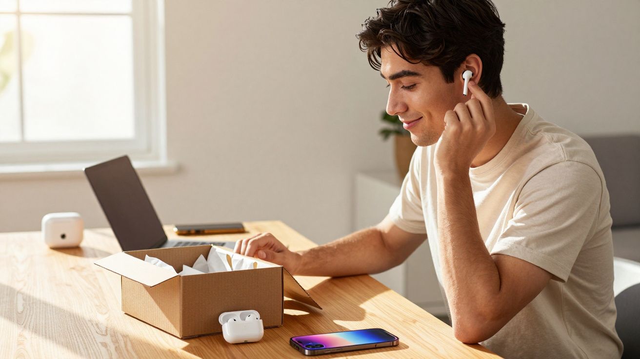 Jovem sentado à mesa colocando fone de ouvido sem fio enquanto sorri, com celular e caixa aberta na mesa.