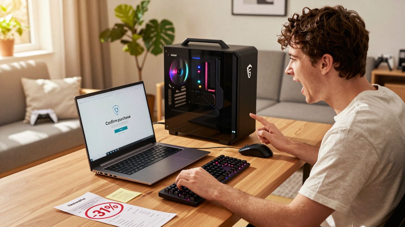 Homem animado sentado à mesa com computador desktop, notebook e lista de compras com desconto de 31%