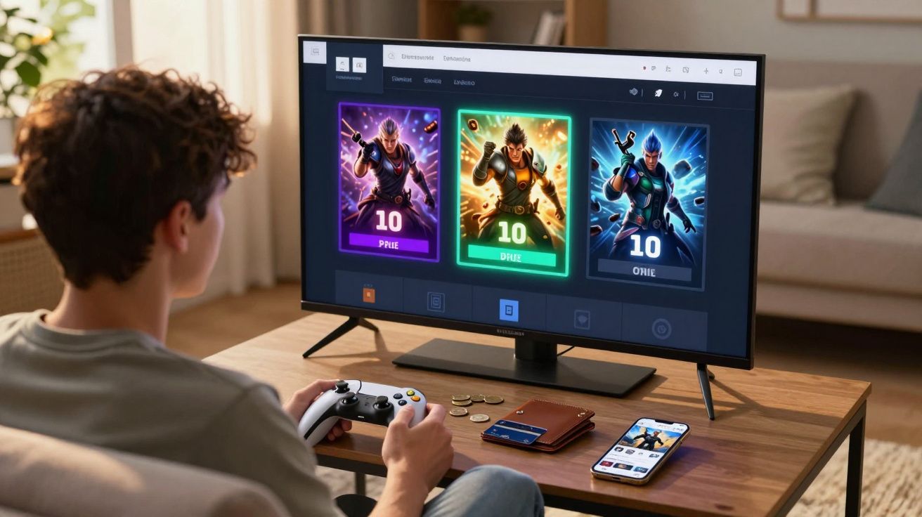 Jovem jogando videogame com controle, tela mostra personagens e smartphone na mesa.