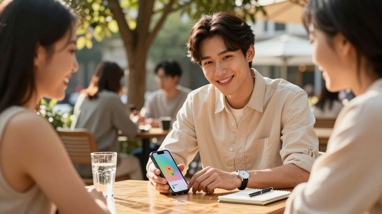 Jovem mostra aplicativo no celular para duas mulheres em mesa de café ao ar livre em dia ensolarado.
