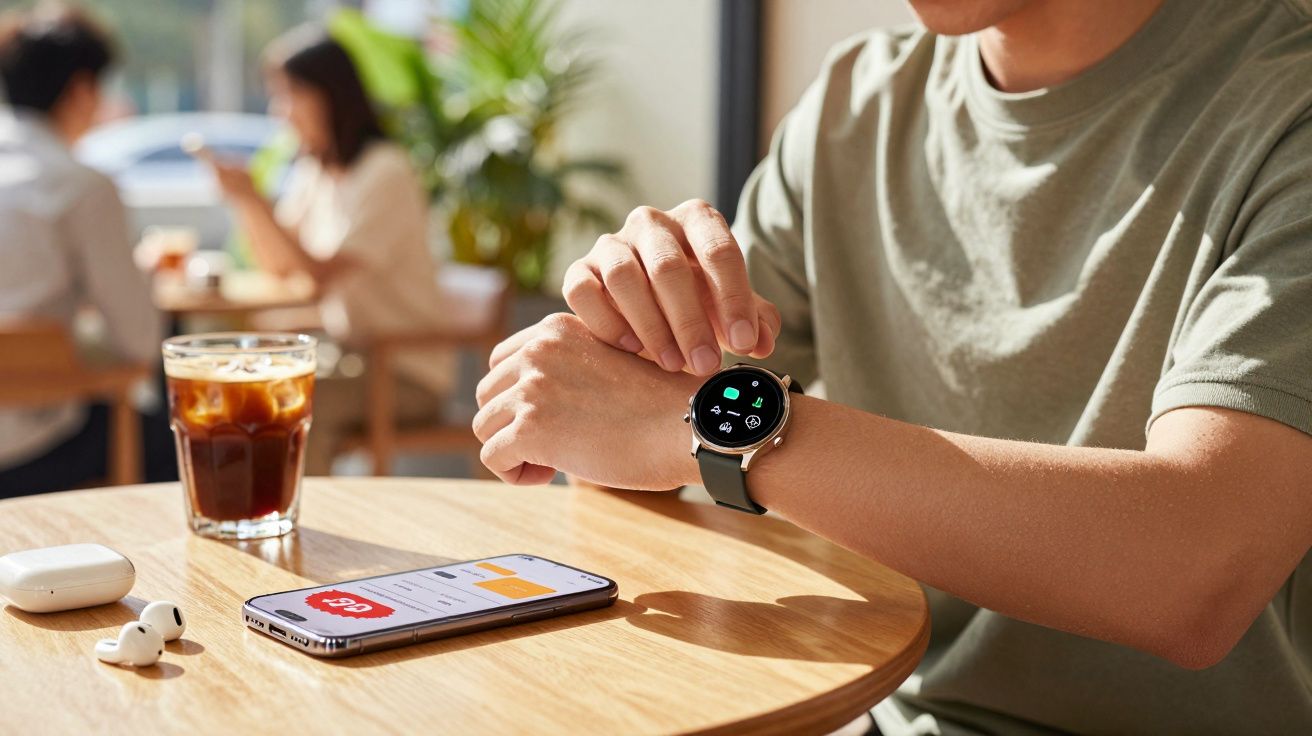 Pessoa ajustando relógio inteligente com aplicativo aberto ao lado em mesa de café com copo de café gelado.