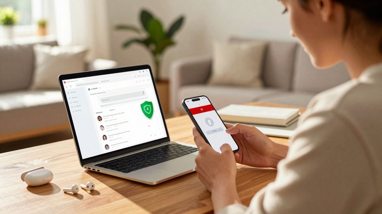 Pessoa usando smartphone e laptop em mesa de madeira em ambiente interno, com fones de ouvido wireless ao lado.