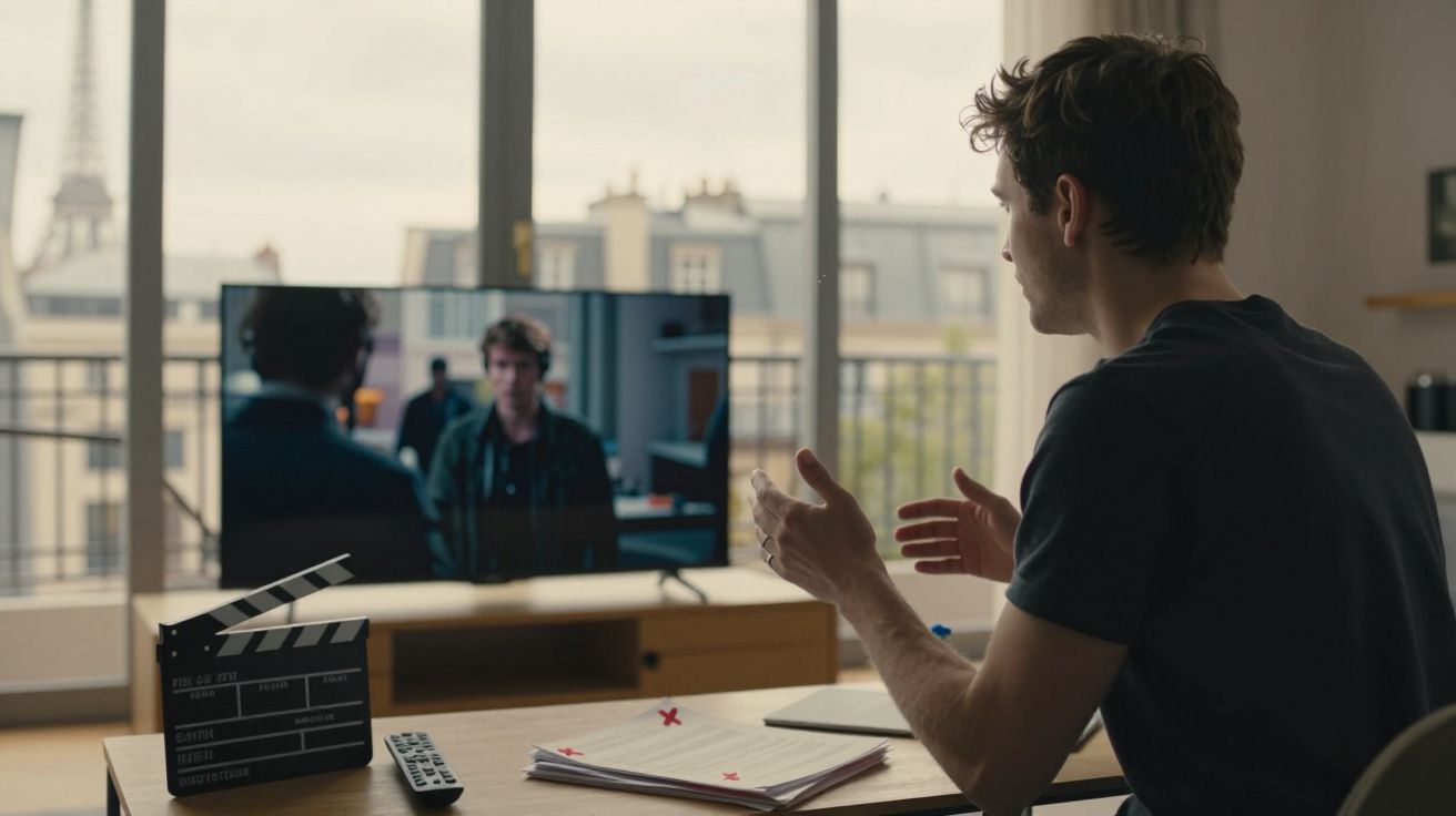 Homem sentado em sala filmando cena de diálogo para produção audiovisual com claquete e documentos na mesa.