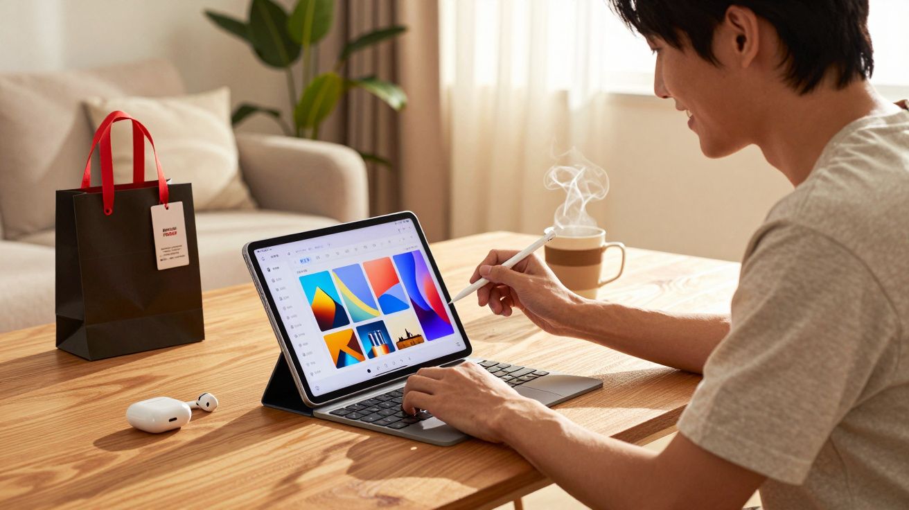 Pessoa usando caneta digital em tablet com teclado em mesa de madeira, com fones e xícara ao fundo.
