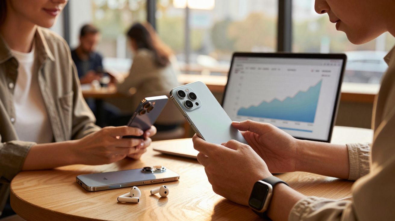 Duas pessoas usando smartphones em mesa com fones, celular apoiado e laptop com gráfico de crescimento.