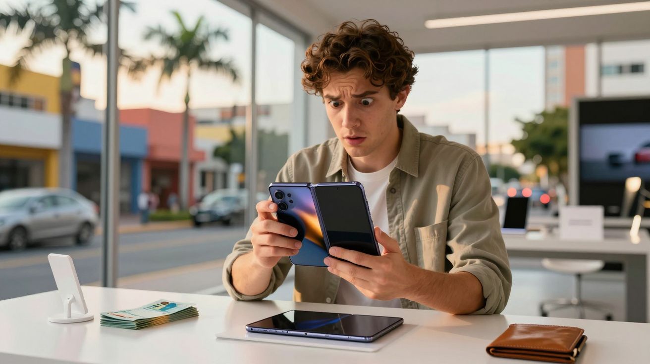 Homem surpreendido testa smartphone dobrável enquanto está em loja de tecnologia moderna.