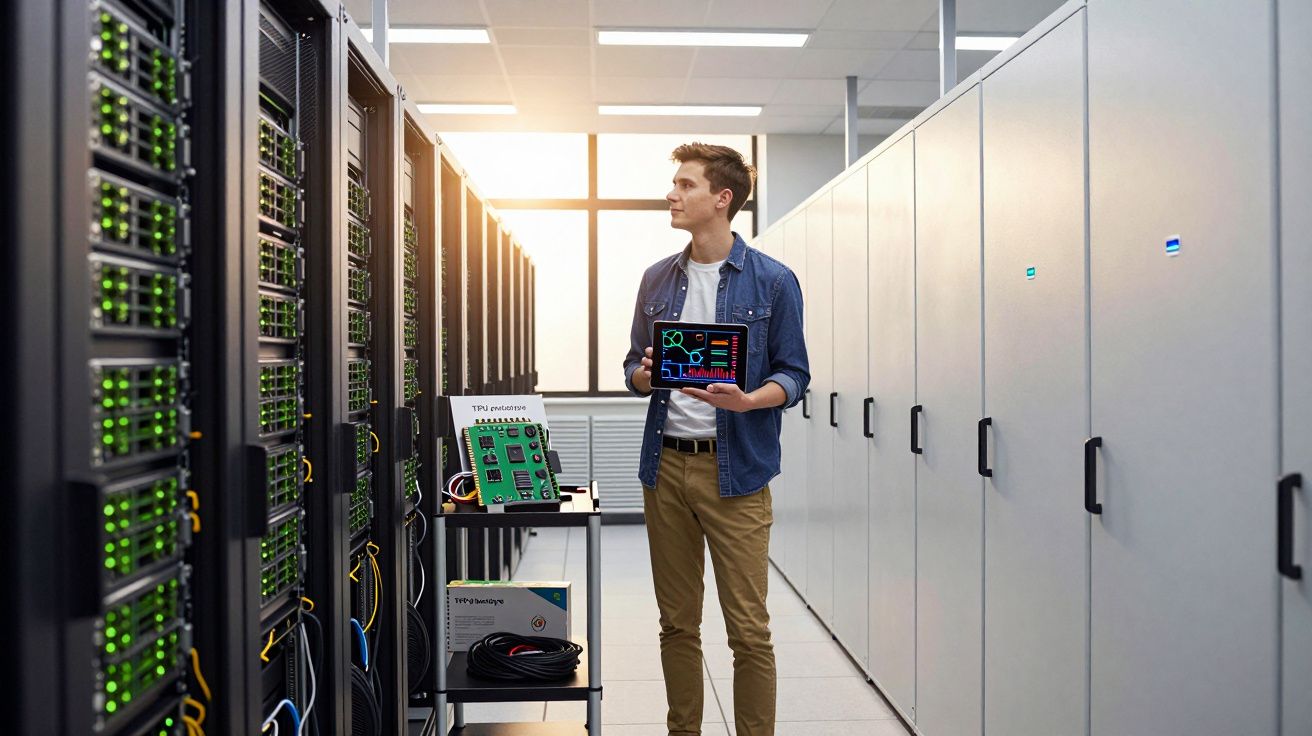 Jovem técnico com tablet em sala de servidores, verificando equipamentos de TI em data center moderno.