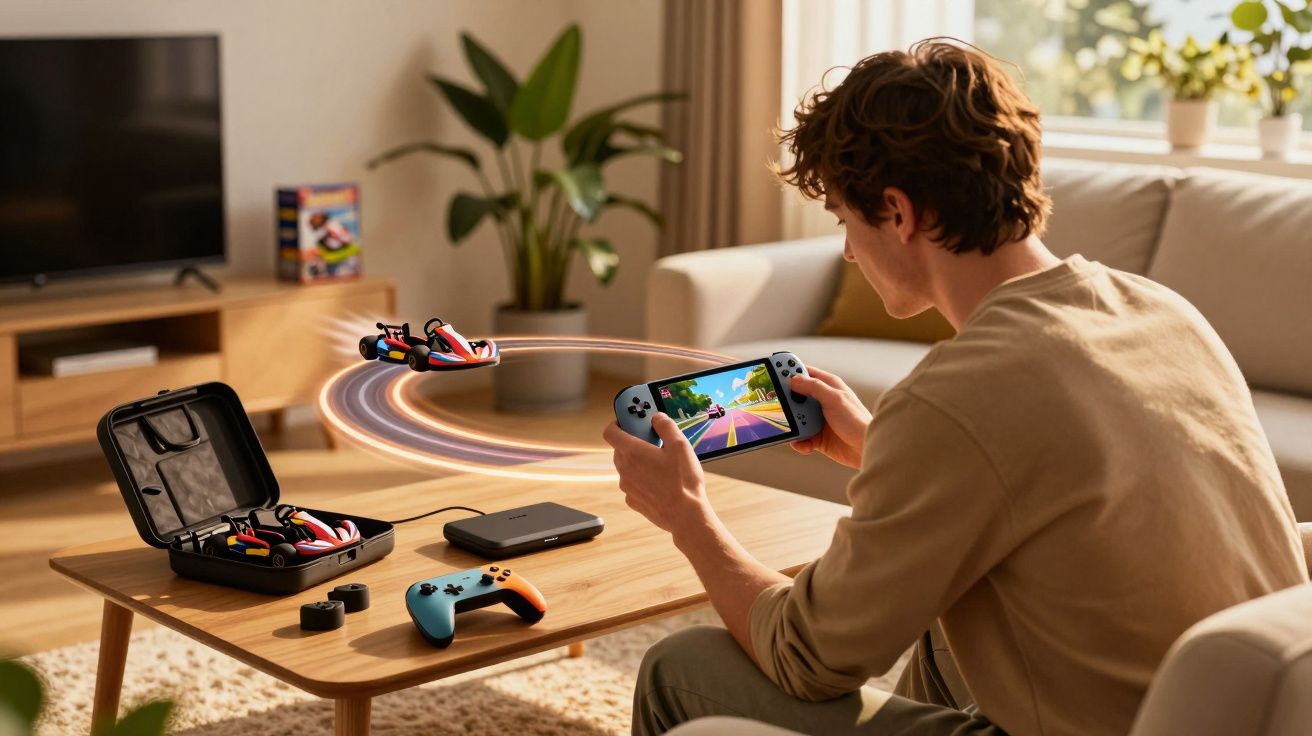 Jovem jogando videogame portátil com controle, rádio de carro em miniatura e acessórios sobre a mesa na sala.