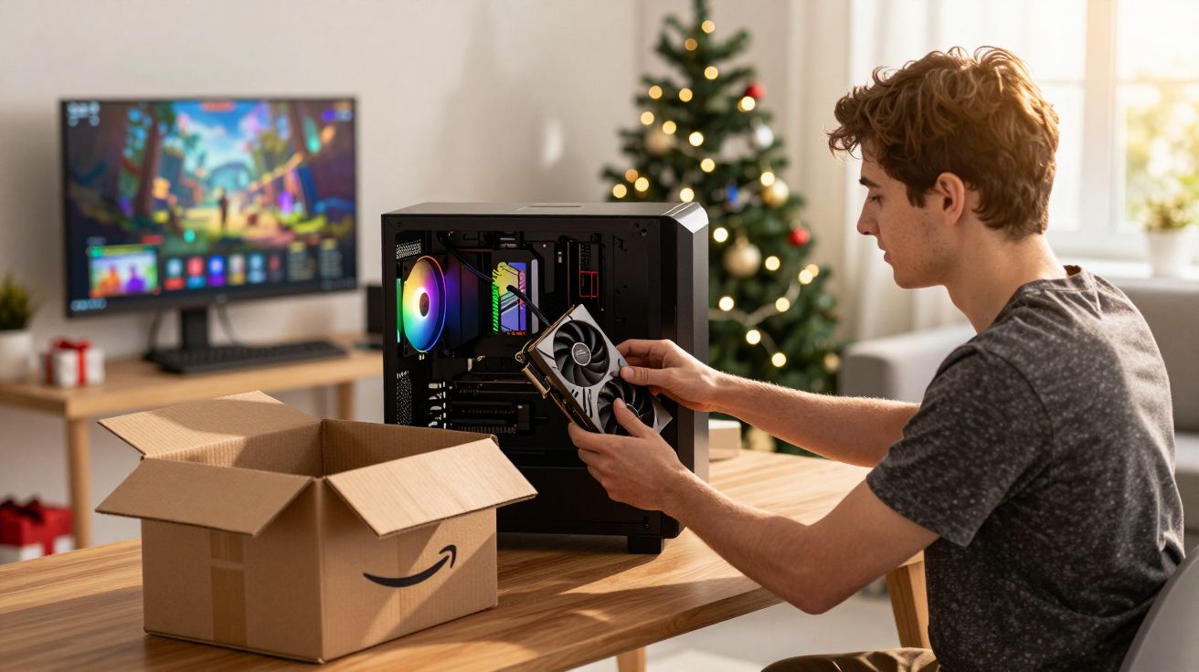 Jovem instalando placa de vídeo em computador, com árvore de Natal e monitor ligado ao fundo.