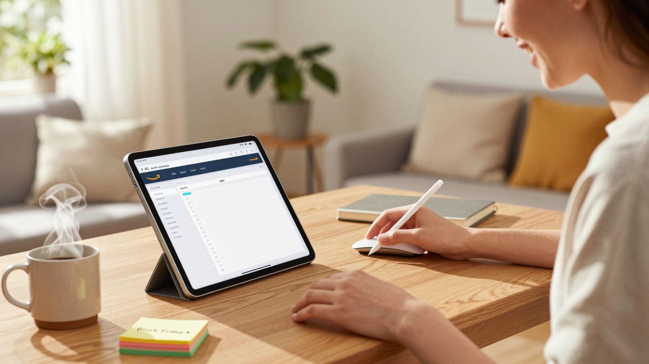 Pessoa usando tablet com caneta stylus em mesa com xícara de café e bloco de notas em ambiente aconchegante.