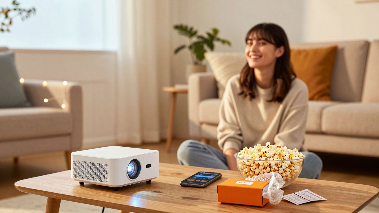 Mulher sentada no chão da sala, sorrindo, com projetor, pipoca e controle na mesa à frente.