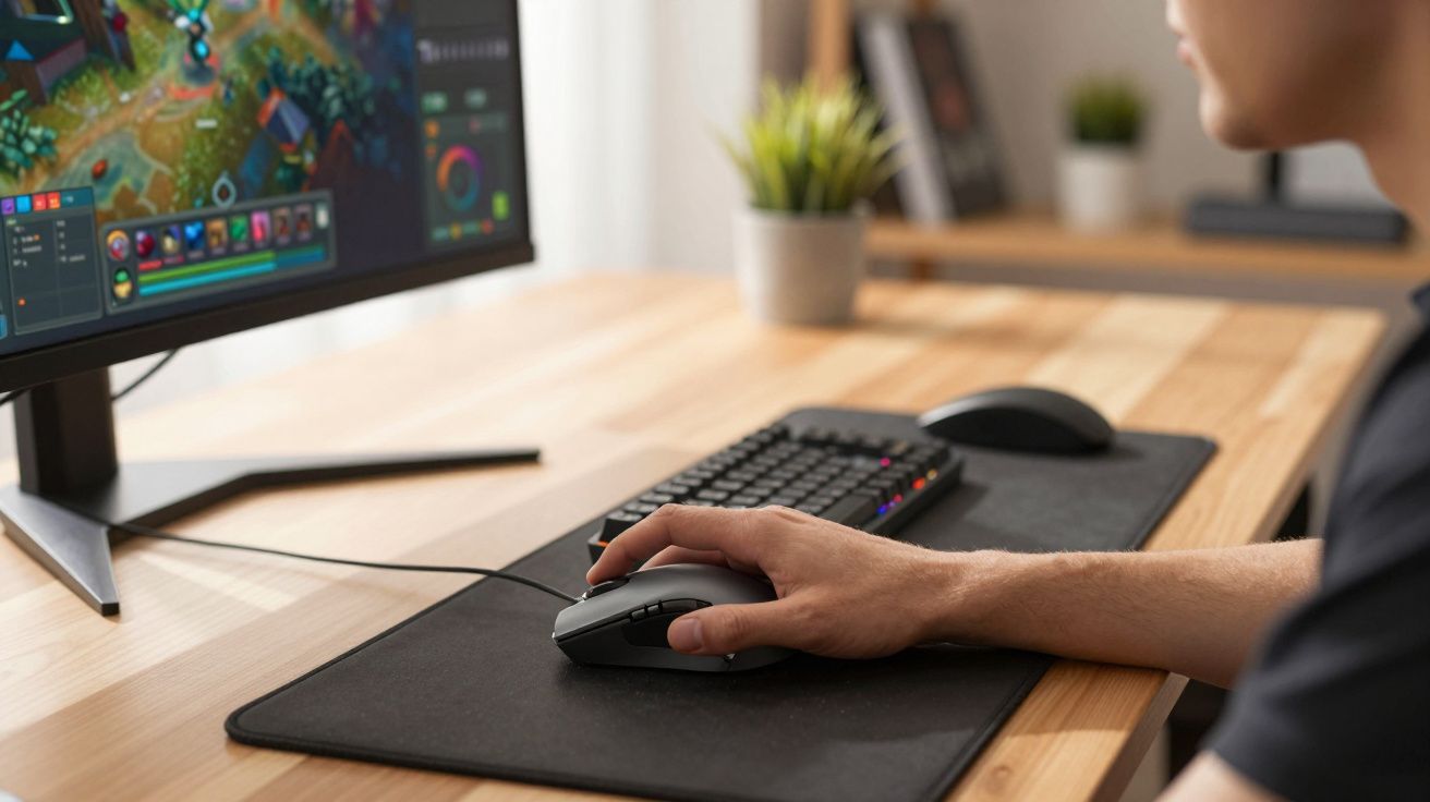 Pessoa jogando videogame no computador com teclado e mouse em mesa de madeira clara.