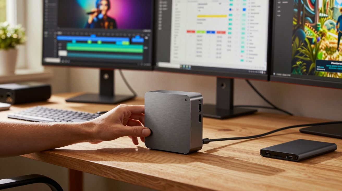 Pessoa manipulando dispositivo compacto conectado a três monitores em mesa de madeira com teclado e HD externo.