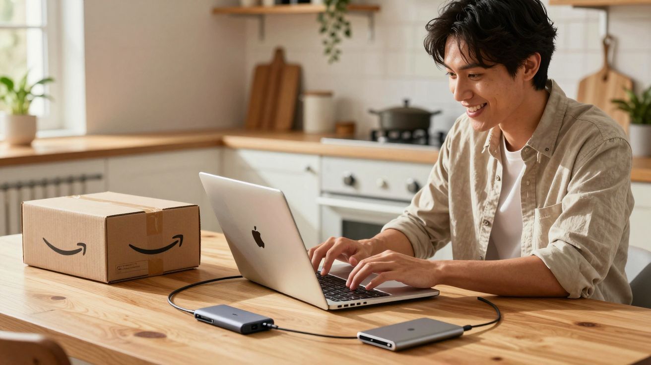 Jovem sorridente usando laptop em mesa de cozinha com caixas da Amazon e dispositivos conectados.