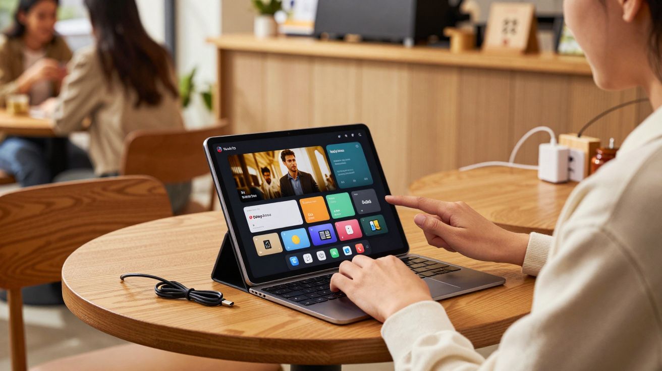 Pessoa usando tablet com teclado em mesa redonda em ambiente de cafeteria com outras pessoas ao fundo.