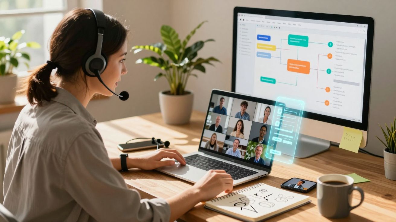 Mulher usando headset participa de videoconferência em laptop com monitor externo e anotações na mesa.