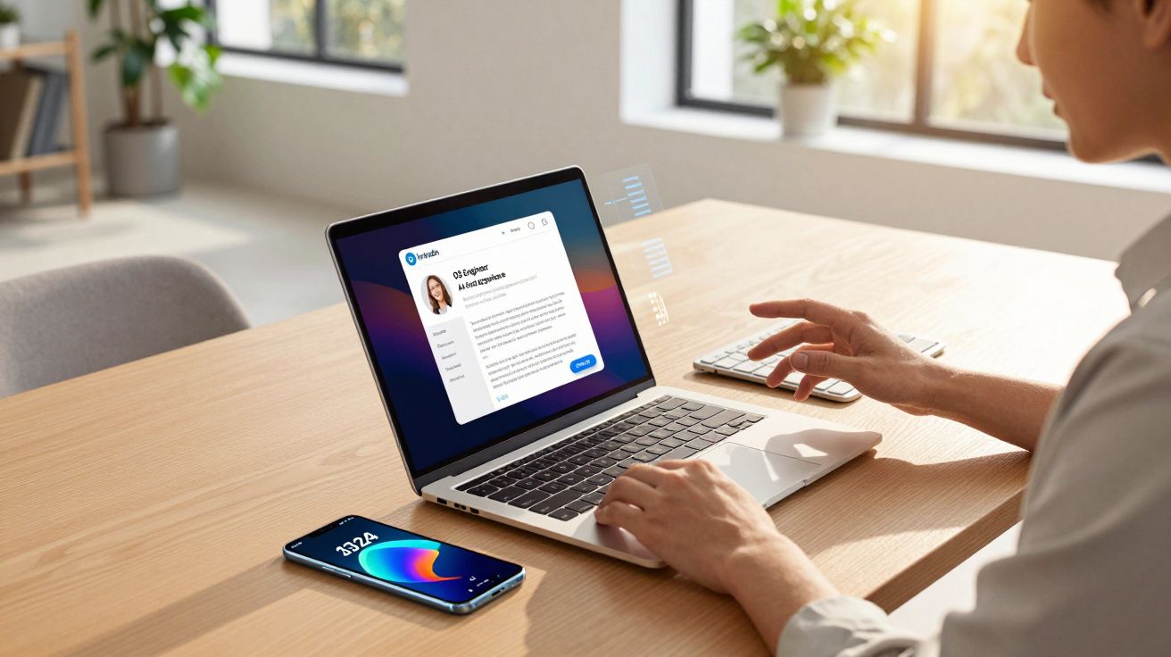 Pessoa usando laptop em mesa de madeira com smartphone ao lado, em ambiente iluminado por janela.