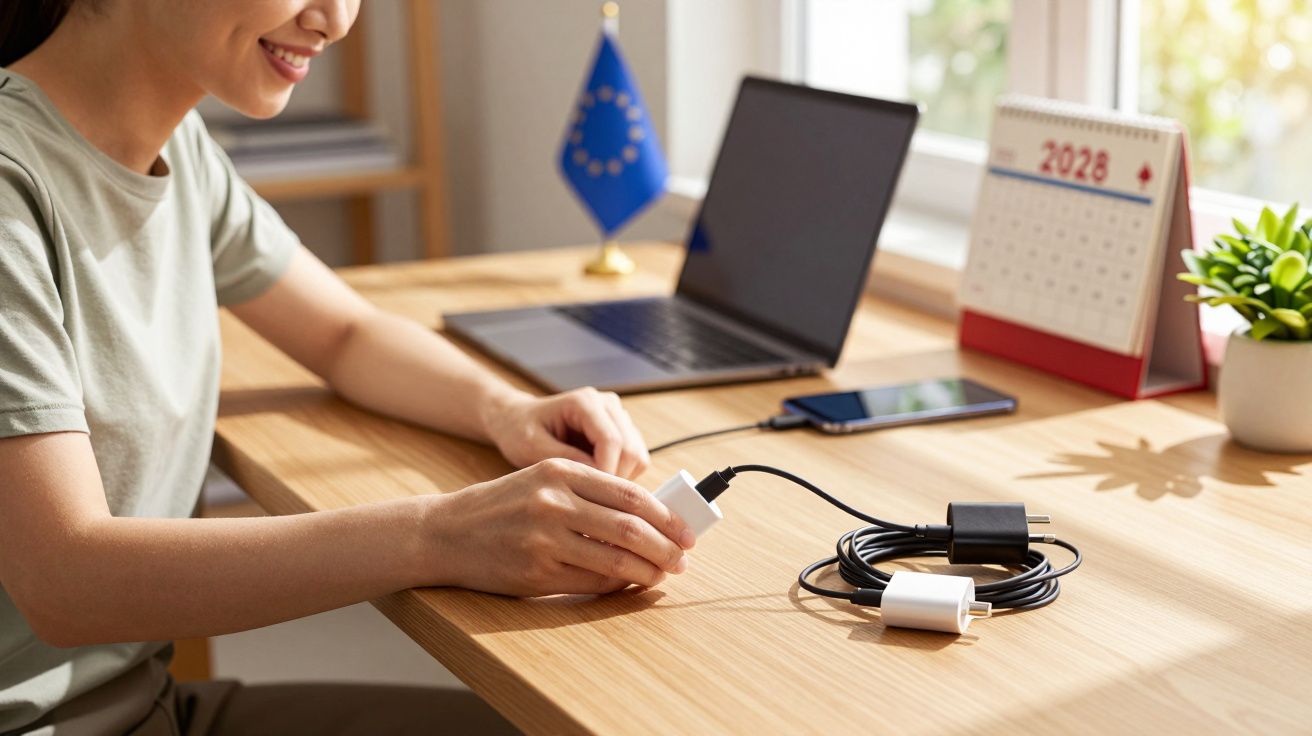 Pessoa sorrindo conecta carregador USB em mesa de escritório com laptop, celular, calendário e planta.