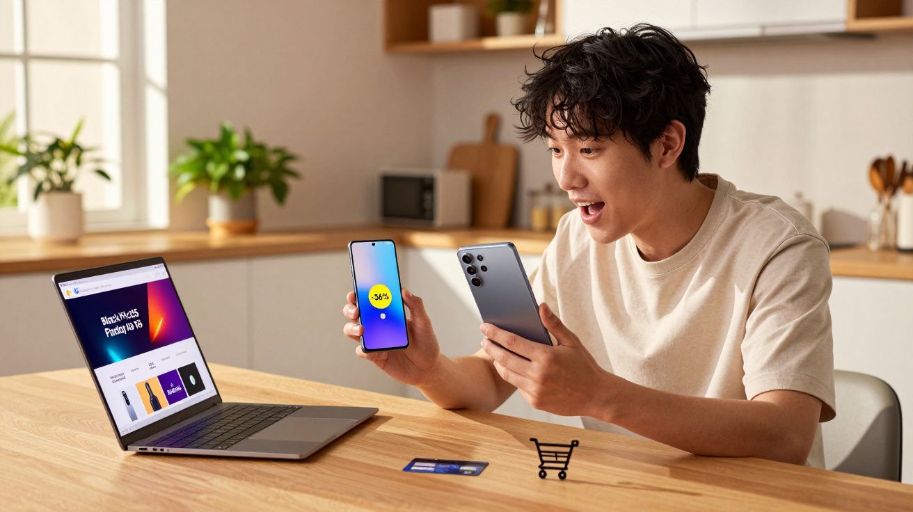 Jovem olhando animado para dois celulares em mesa com notebook, cartão e ícone de carrinho de compras.