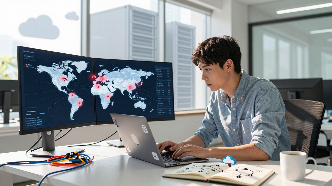 Jovem trabalhando em escritório com mapas digitais e pontos vermelhos em telas duplas de computador.