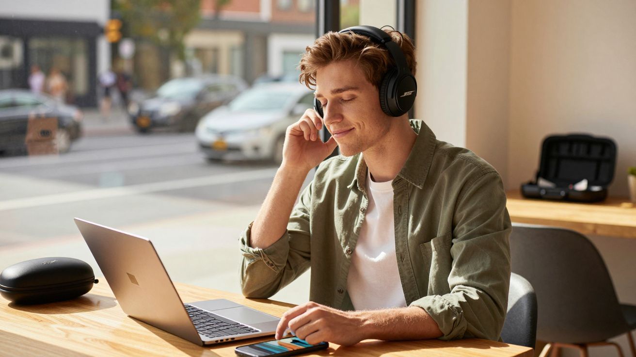 Jovem sentado em cafeteria usando fones de ouvido, laptop e celular em uma mesa de madeira.
