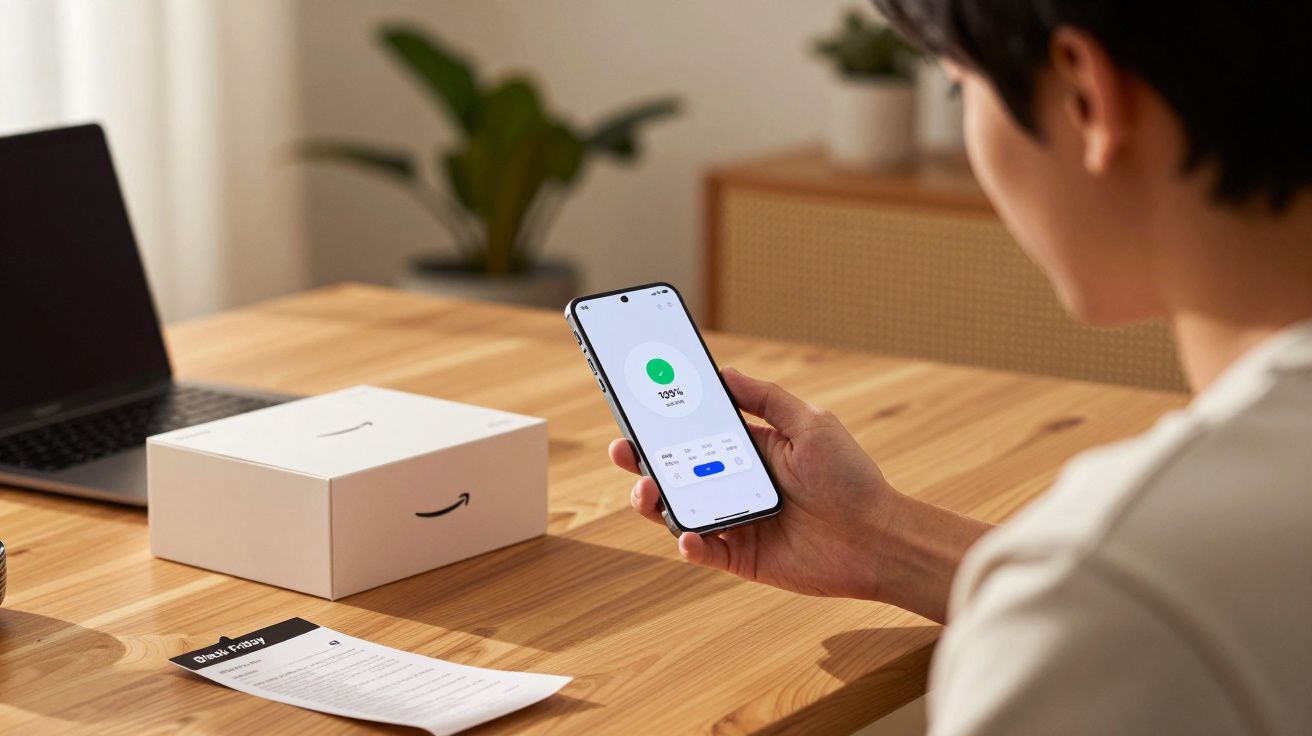 Pessoa segurando celular com a tela mostrando 100% de carregamento sobre mesa de madeira com caixa da Amazon e documentos.