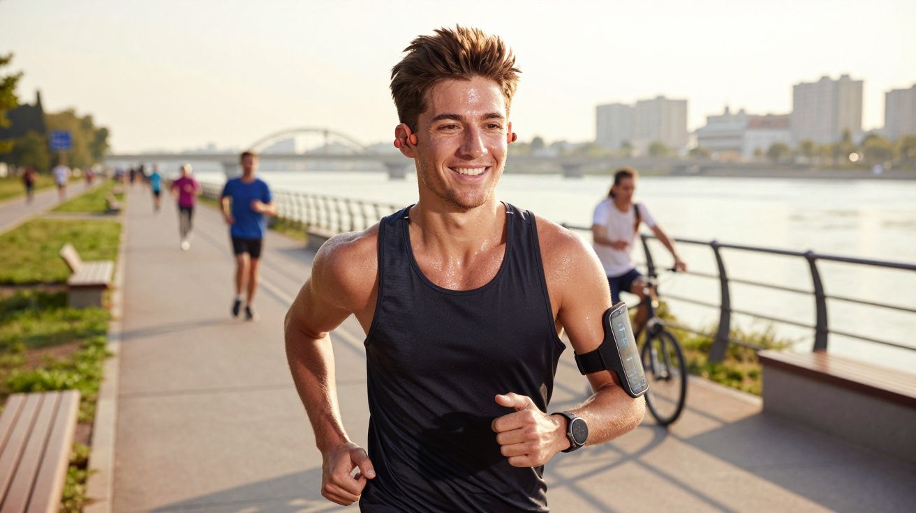 Homem sorrindo correndo à beira de rio em calça preta, com ciclista e pedestres ao fundo.