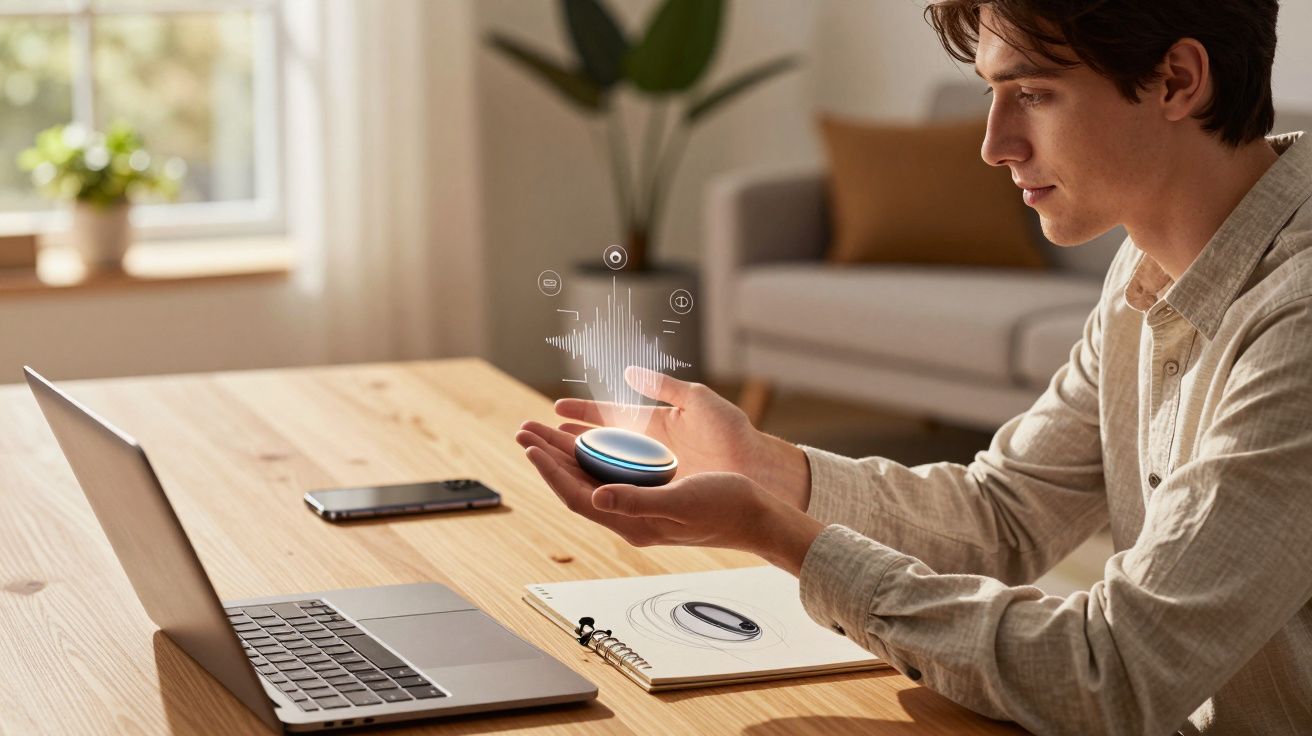 Homem sentado à mesa interagindo com assistente de voz holográfico perto de laptop e celular.