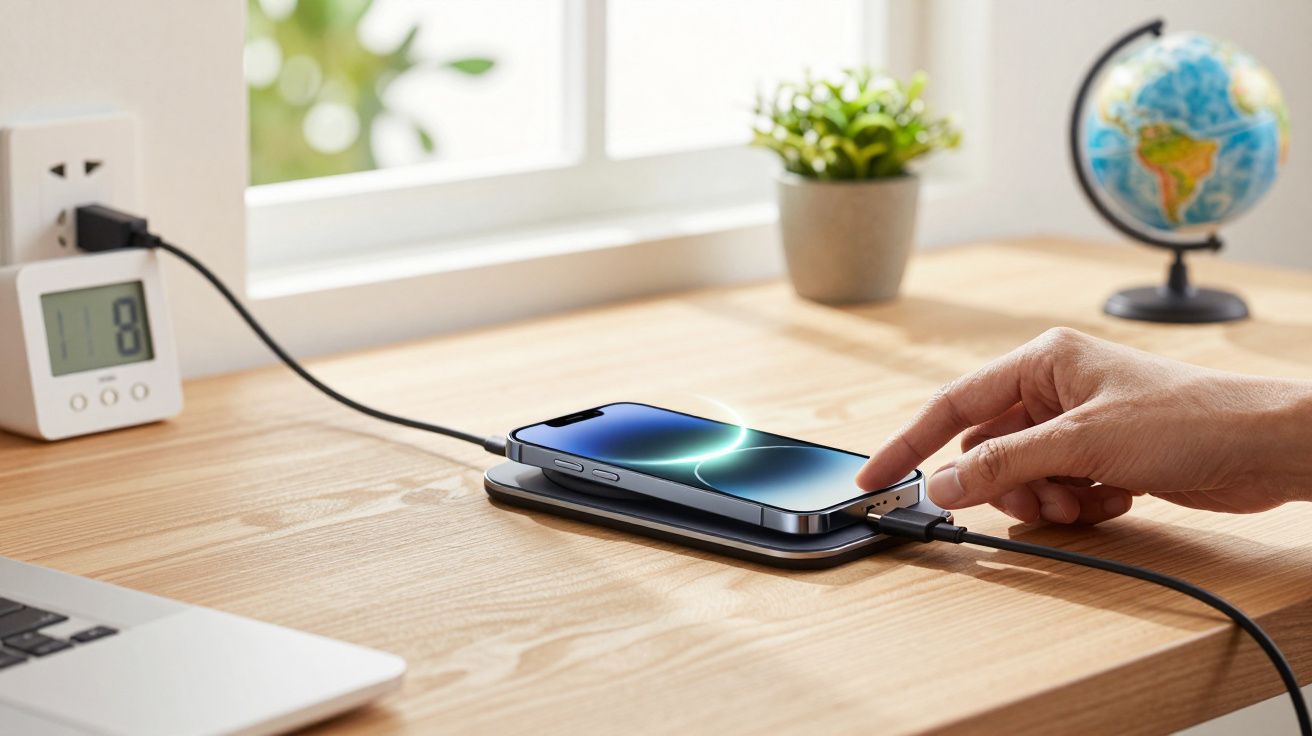 Mão conectando cabo em celular sobre carregador sem fio em mesa de madeira com laptop, relógio e globo ao fundo.