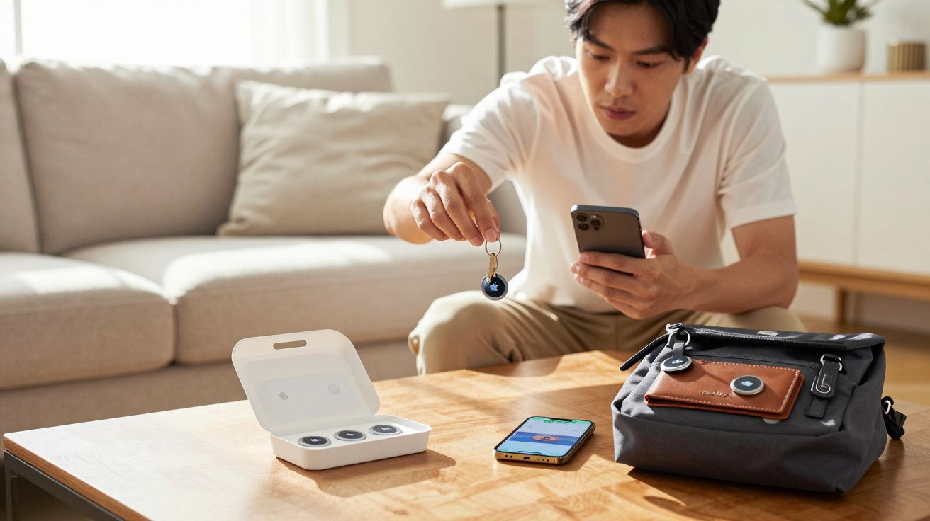 Homem segurando chaveiro rastreador e celular em mesa com bolsa, outro celular e estojo com rastreadores.