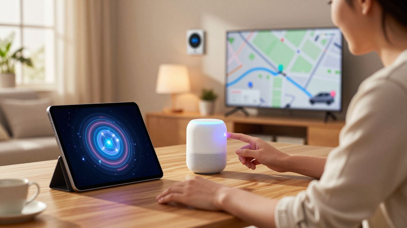 Pessoa interagindo com assistente virtual inteligente ao lado de tablet e televisão com mapa na sala.