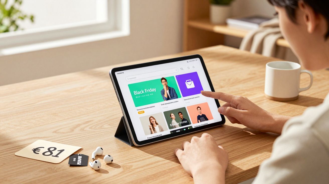 Pessoa usando tablet em mesa de madeira com fones de ouvido e etiqueta de preço ao lado.