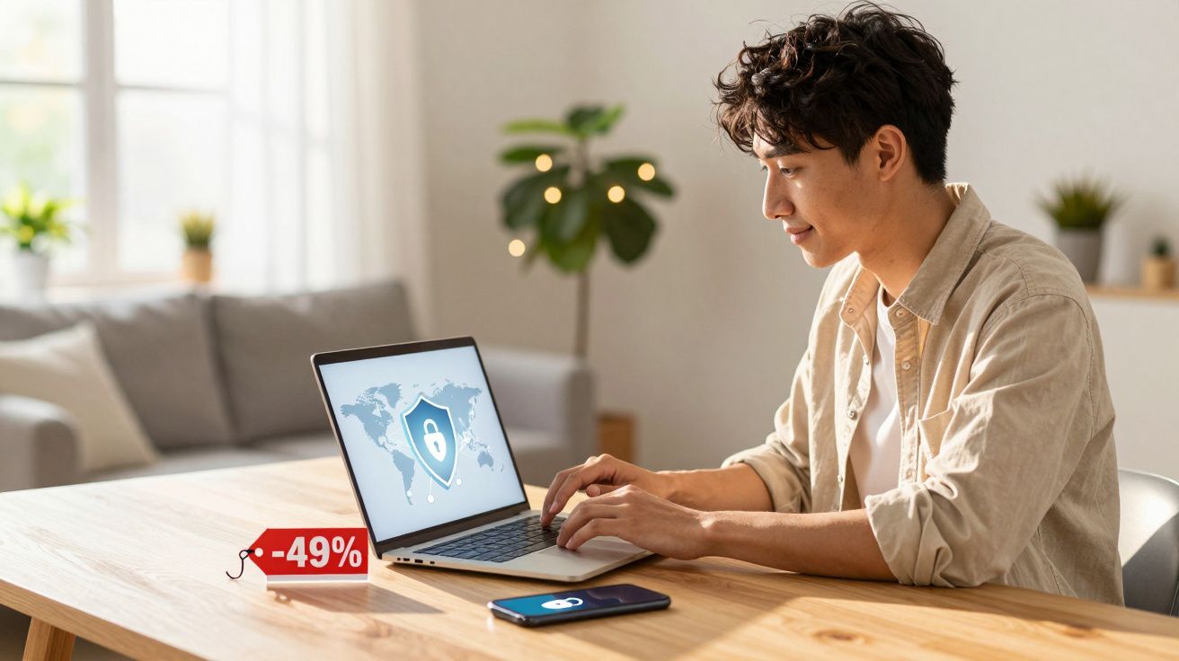Homem usando laptop com ícone de escudo de segurança, etiqueta de desconto de 49% e celular na mesa.