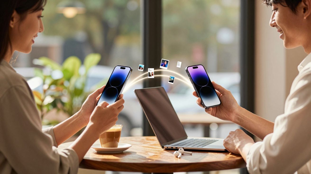 Duas pessoas trocando fotos entre smartphones ao lado de um laptop em mesa de café.