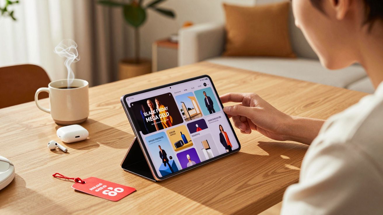 Pessoa acessando ofertas de Black Friday em tablet sobre mesa de madeira, com xícara de café e fones sem fio.