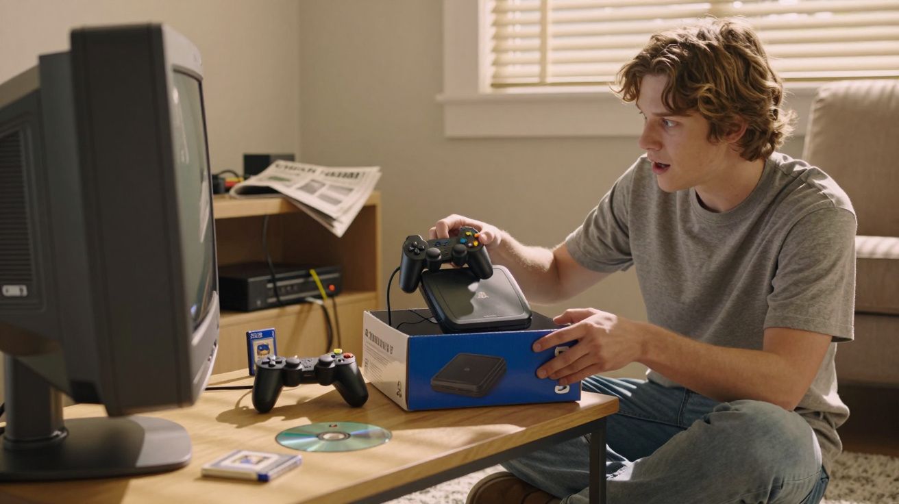 Jovem sentado no chão desembrulha console de videogame antigo enquanto segura controle e olha para a TV.
