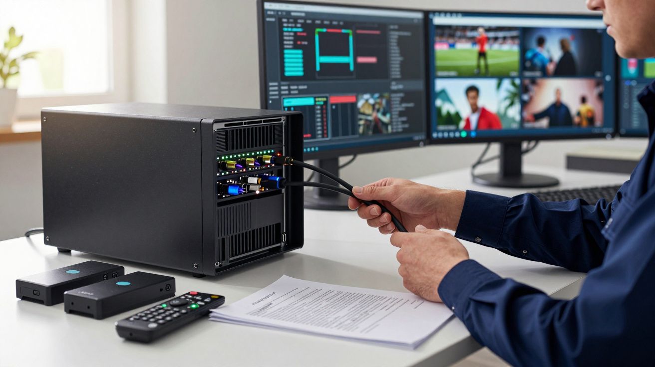 Pessoa conecta cabos em equipamento eletrônico com monitores exibindo dados e imagens ao fundo.