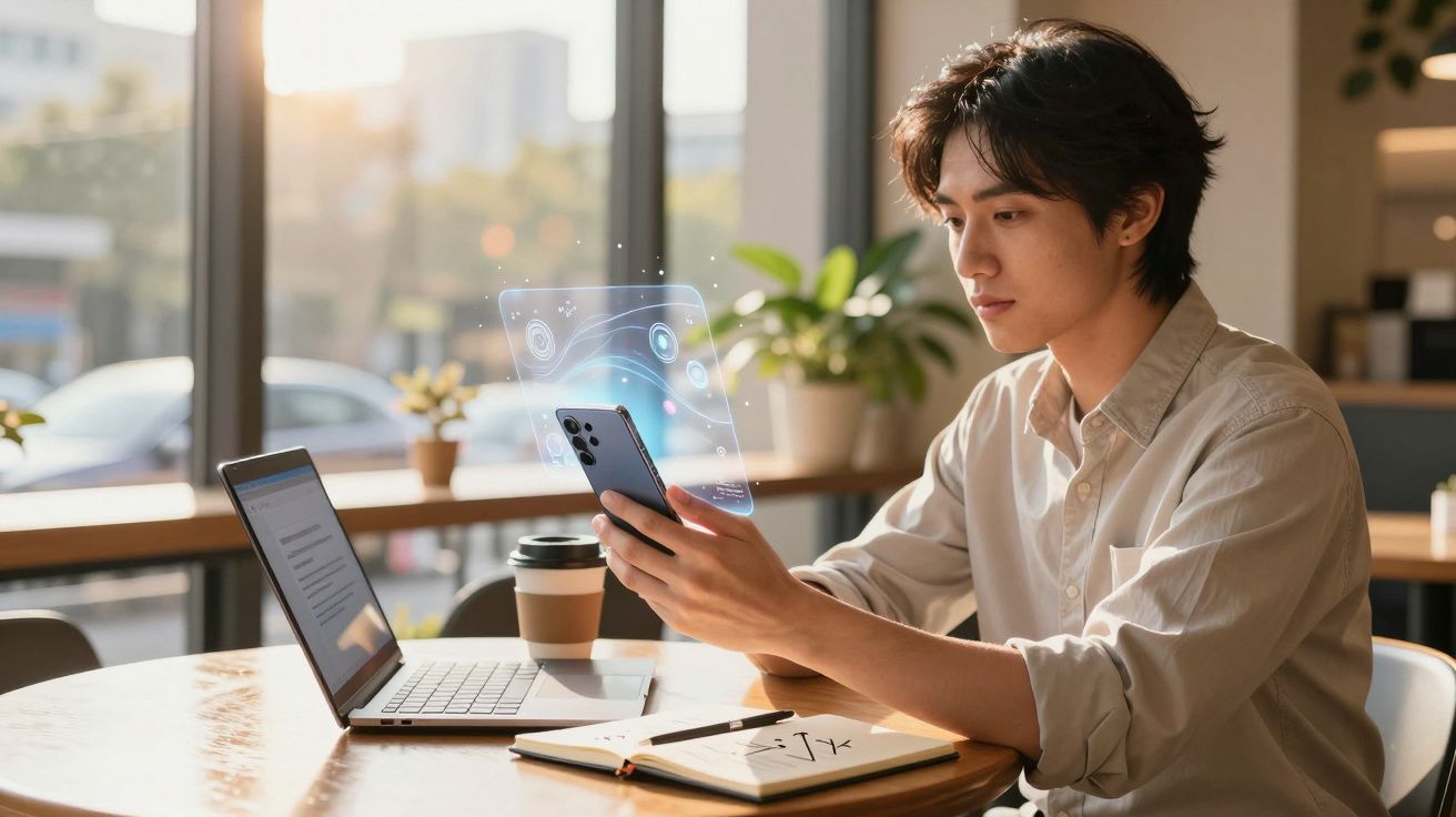 Jovem usando smartphone com holograma digital, laptop e caderno em mesa de café com luz natural.