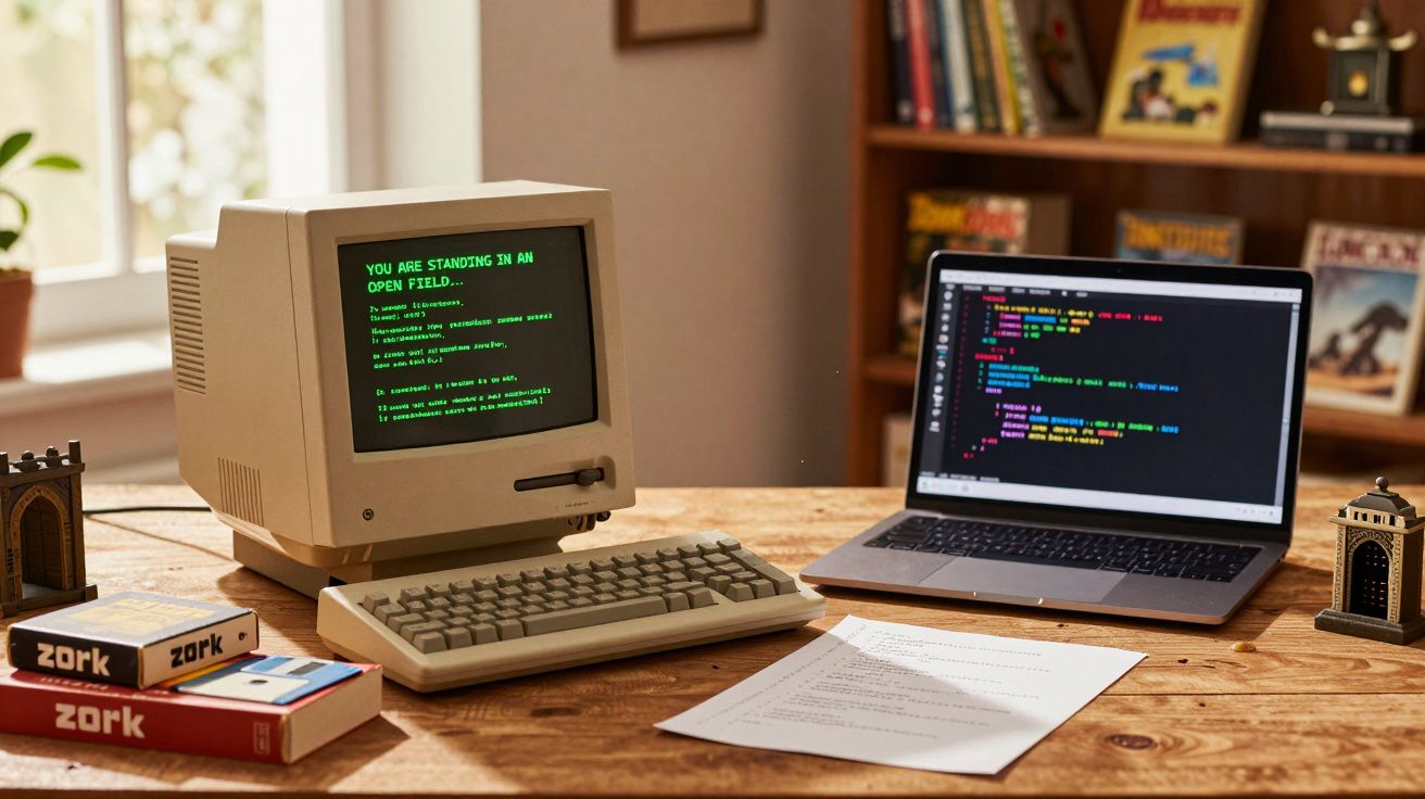 Computador vintage ao lado de notebook moderno em mesa de madeira com livros e papéis.