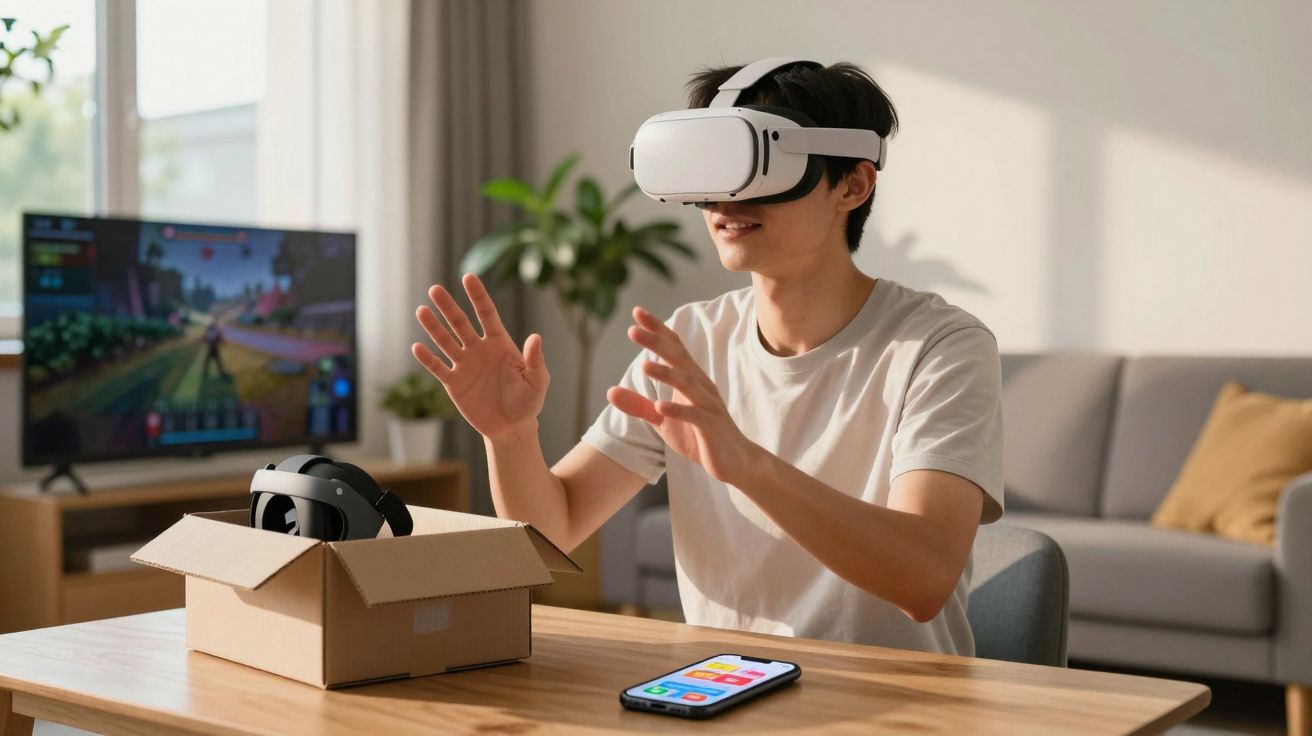 Jovem usando óculos de realidade virtual sentado à mesa com controle e celular em ambiente iluminado.