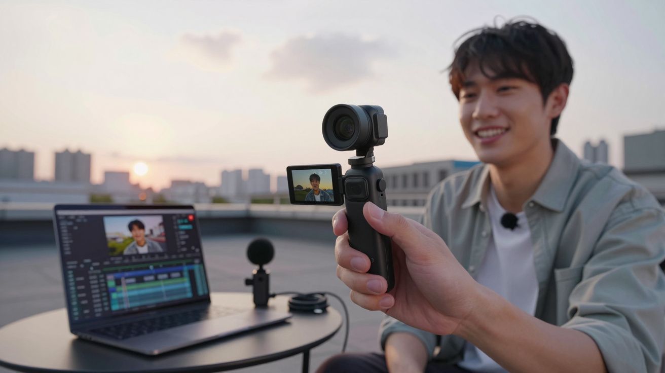 Jovem gravando vídeo com câmera portátil enquanto edita conteúdo em laptop ao pôr do sol.