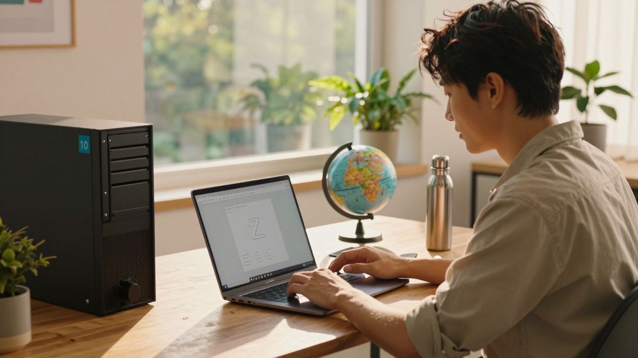 Pessoa utilizando um laptop em mesa de madeira com computador, globo terrestre e plantas ao fundo.