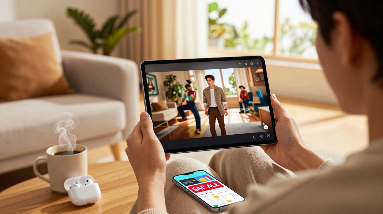 Pessoa assistindo série em tablet, com celular e café na mesa de madeira à frente.