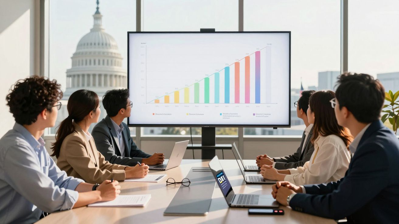 Grupo de pessoas em reunião corporativa analisando gráfico crescente em grande tela, com janela ao fundo mostrando edifício h