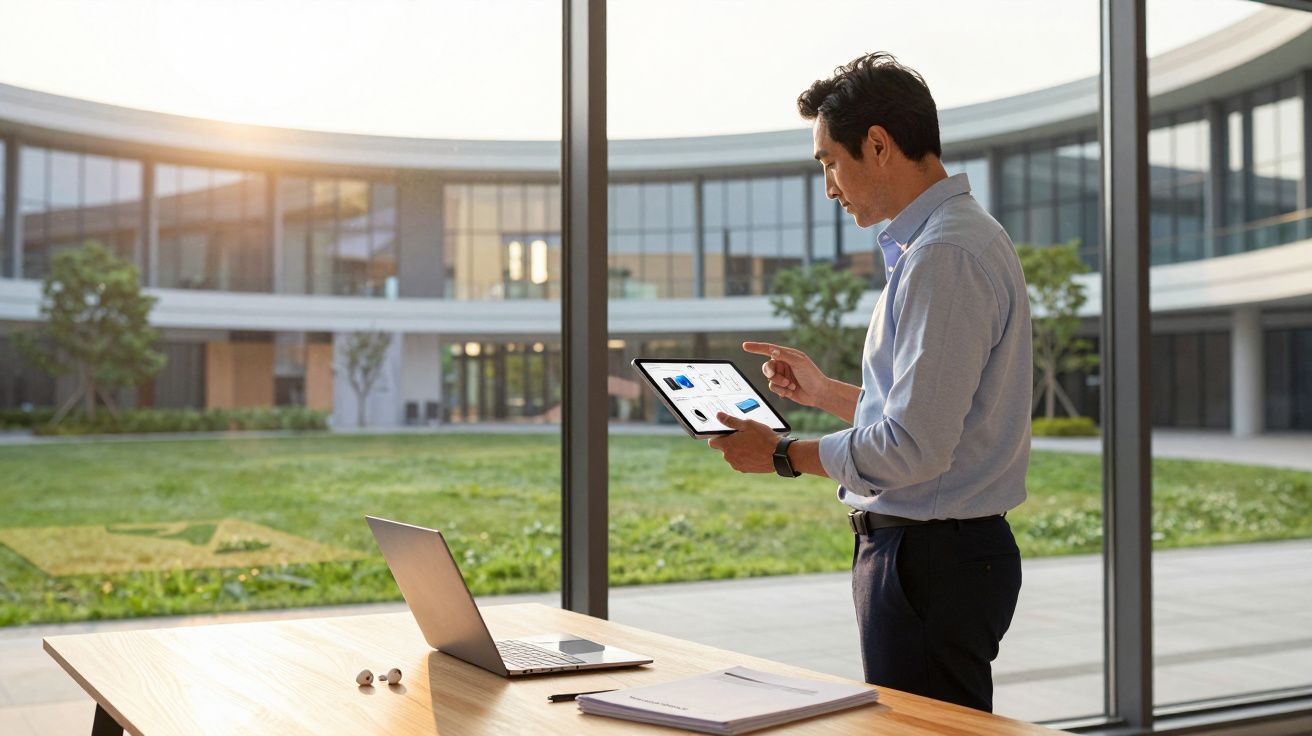 Homem usando tablet em escritório moderno com janela grande e laptop sobre a mesa de madeira.