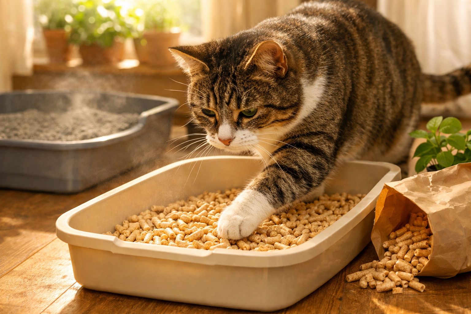 Gato cinza e branco usando patinha em caixa de areia com pellets no chão de madeira iluminado pelo sol.