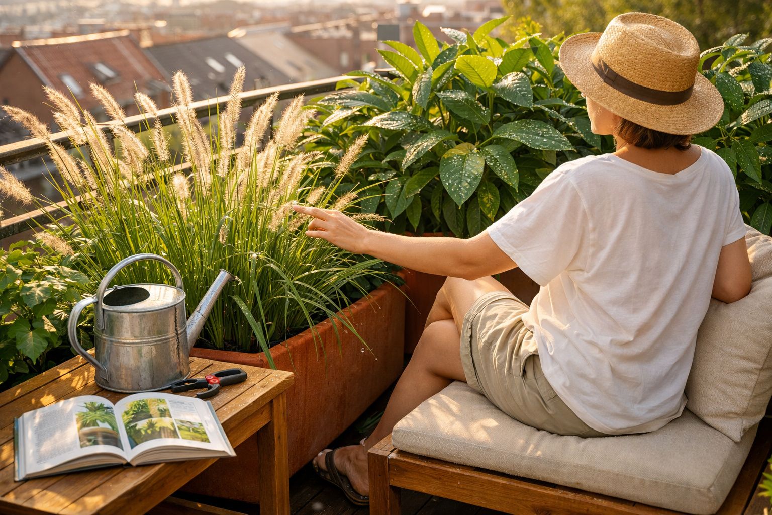 Pessoa sentada em varanda cuidando das plantas ao pôr do sol com regador e livro aberto ao lado.